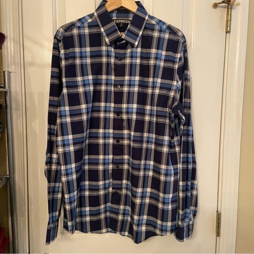 Express Men’s button down blue plaid‎ shirt Size L